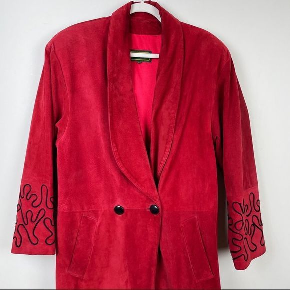 VINTAGE Danier Suede Red Full Length Long Trench Coat - Picture 3 of 16